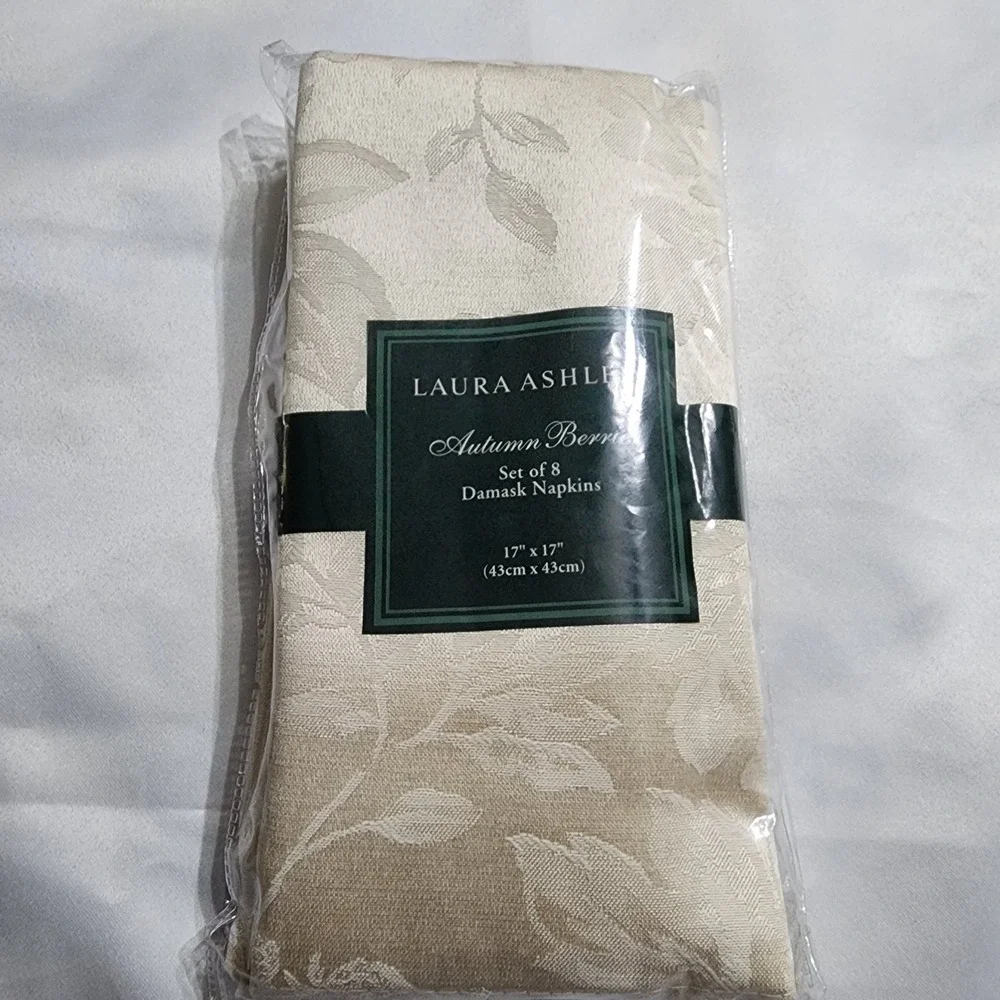 Laura Ashley Autumn Berries Damask Napkins Set of 8 Cream 17x17 New